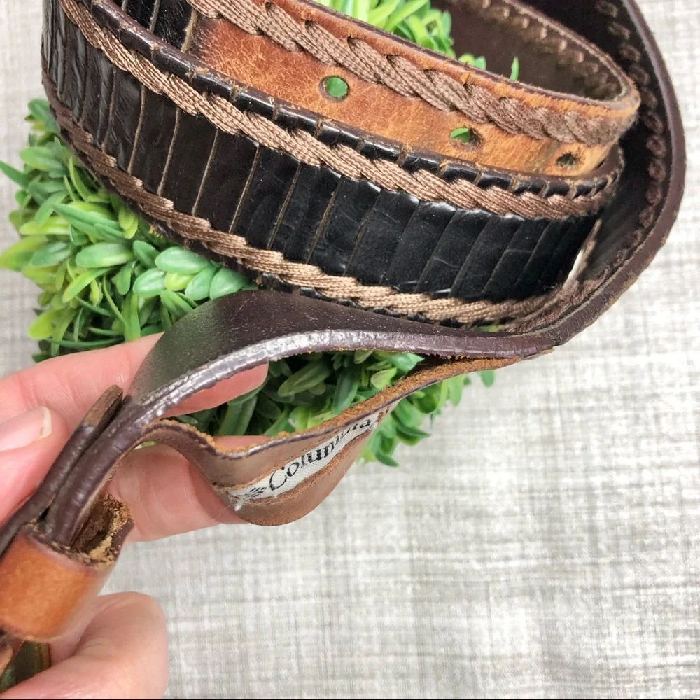 Columbia braided/ top stitched two tone leather and solid brass buckle belt